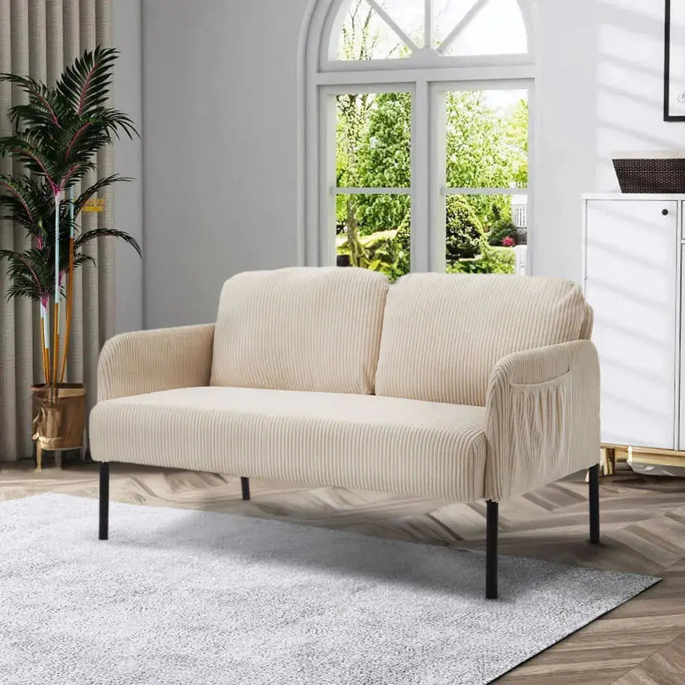 2-Seat Beige Corduroy Sofa with Armrests And Wooden Legs Furnish Wise