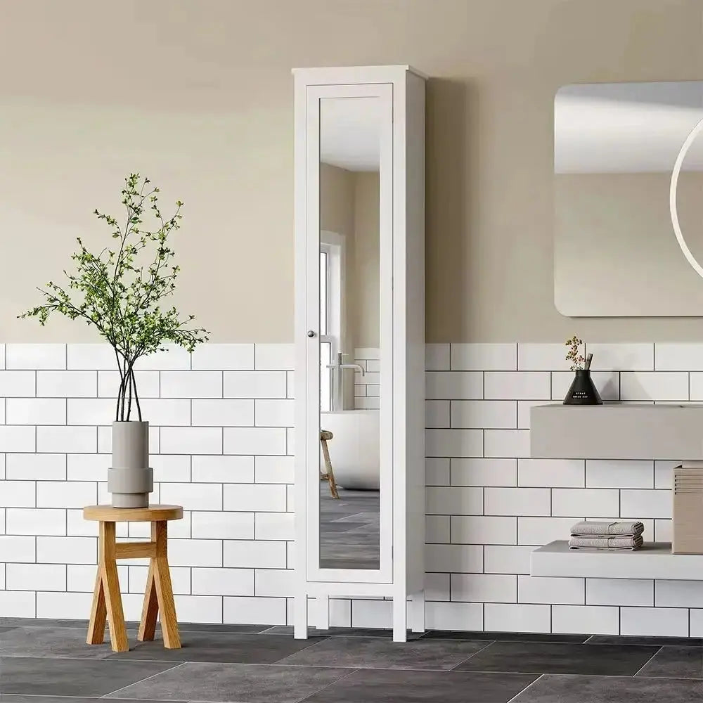 Slim White Tall Cabinet with Mirror Door Five Adjustable Shelves