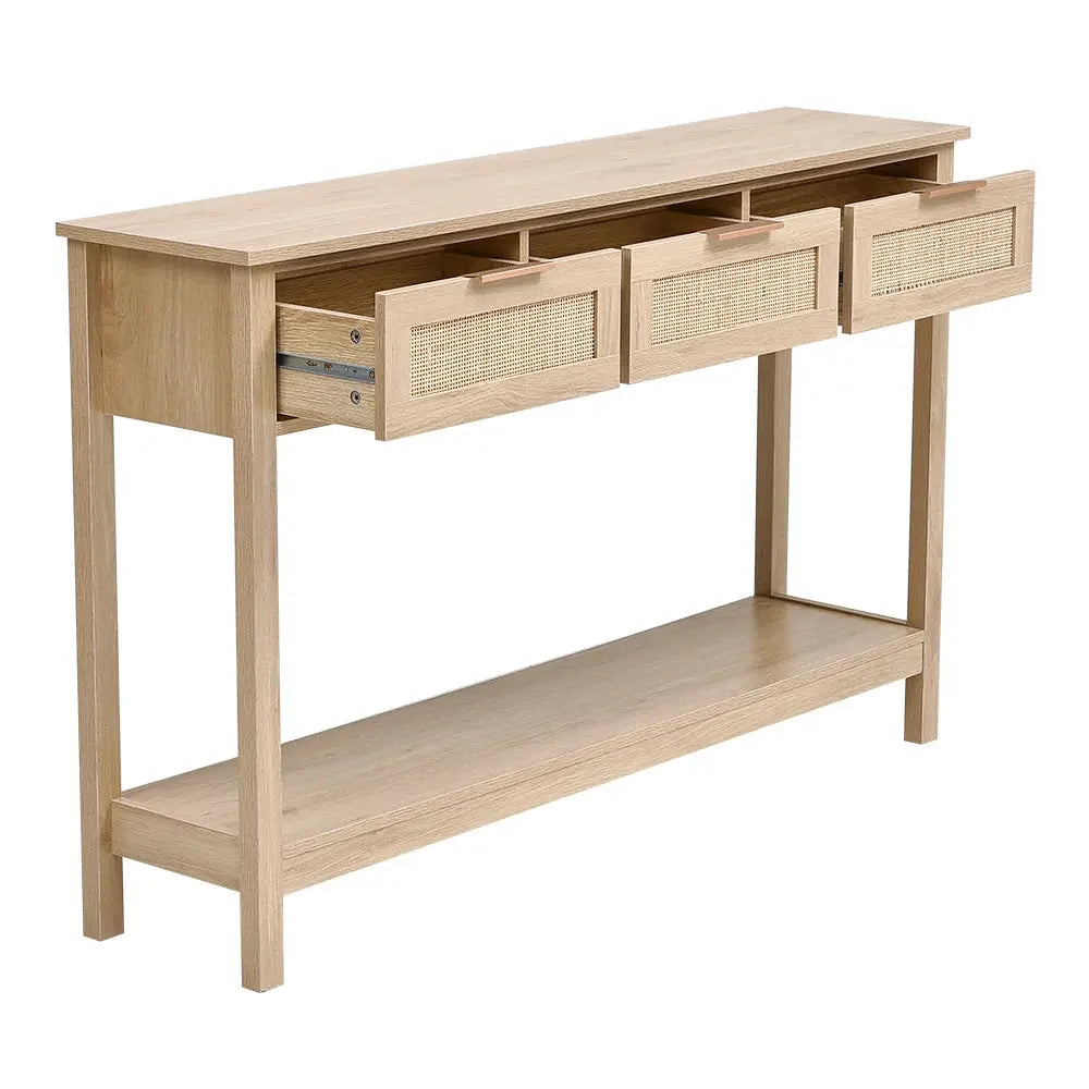 Rustic Wood Console Table with 3 Rattan Drawers
