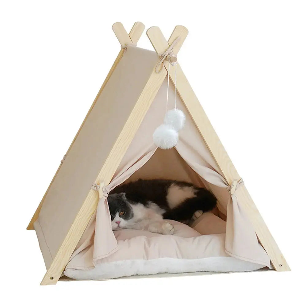 Cozy Pet Tent Teepee with Thick Cushion & Wooden Frame