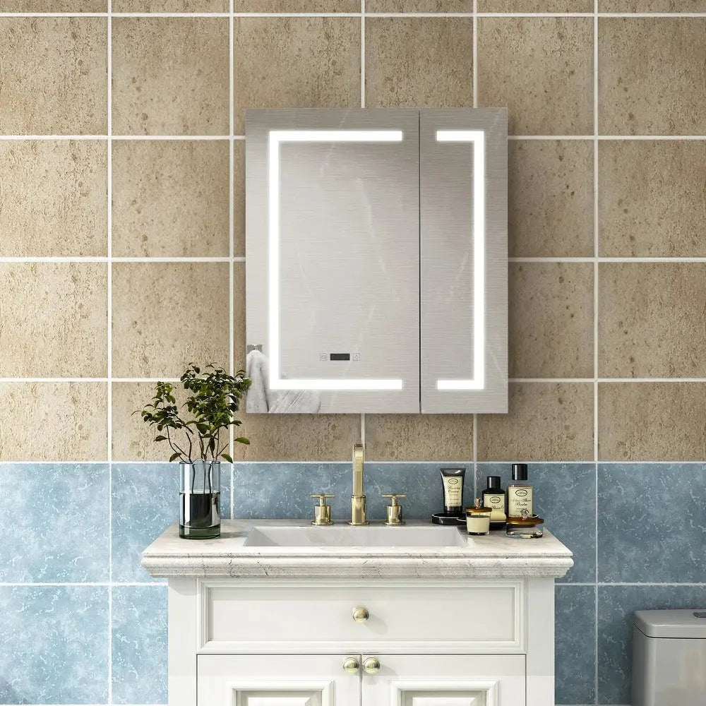 Frameless 2-Door LED Bathroom Mirror Cabinet with Clock Display
