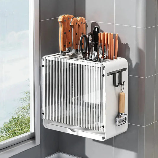 White Acrylic Knife Cutlery Holder with Drain Tray Furnish Wise