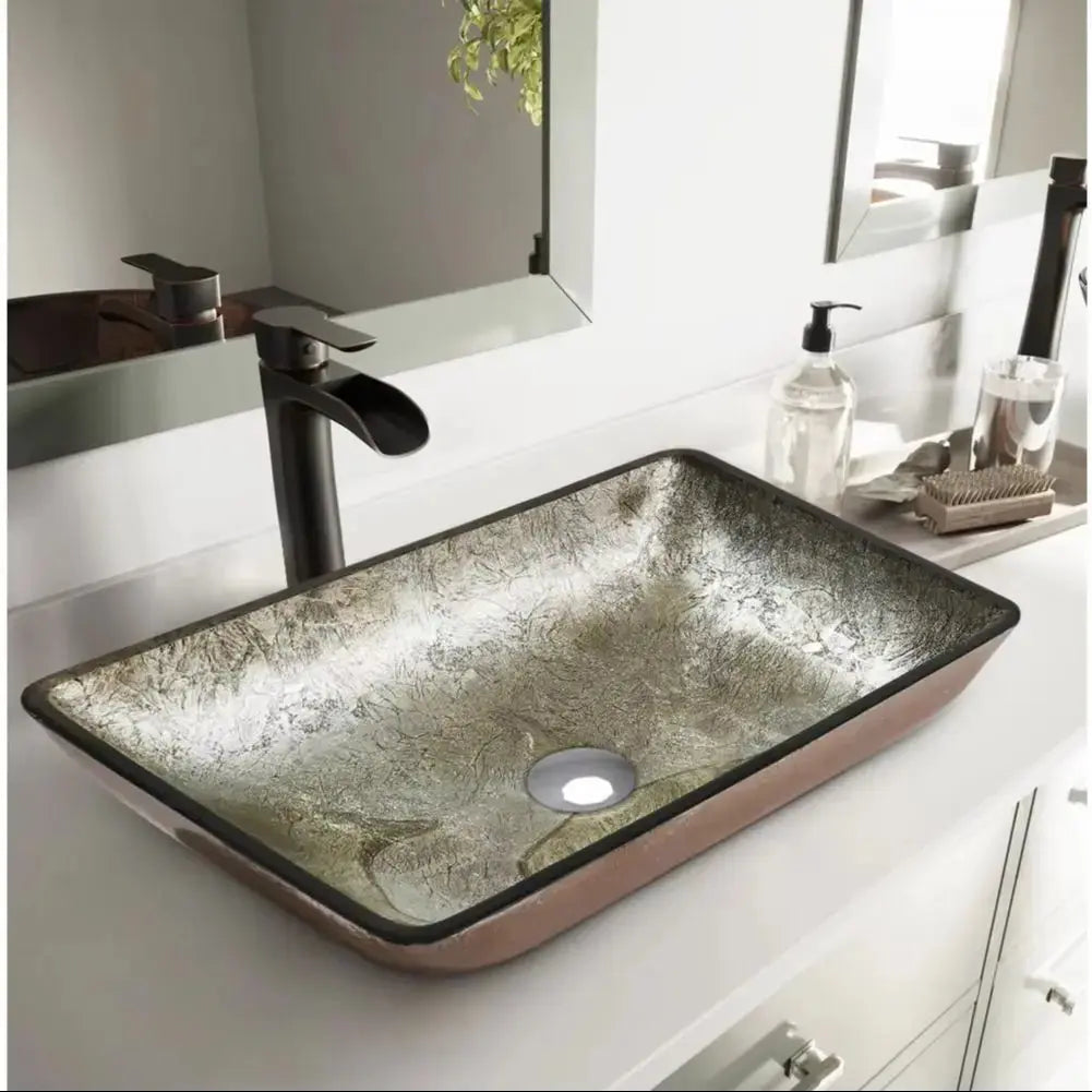 Gold Bathroom Artistic Vessel Sink Tempered Glass with Drain