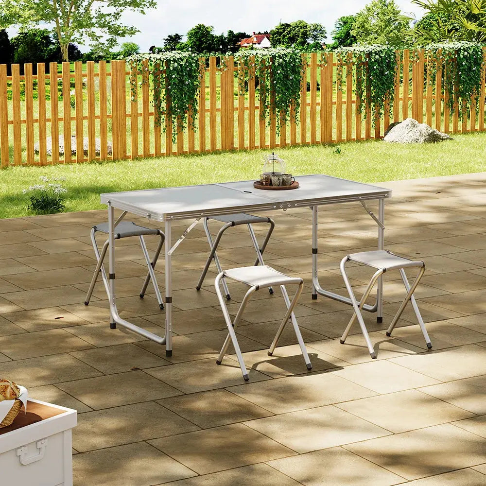 White Foldable Portable Picnic Table with 4 Stools