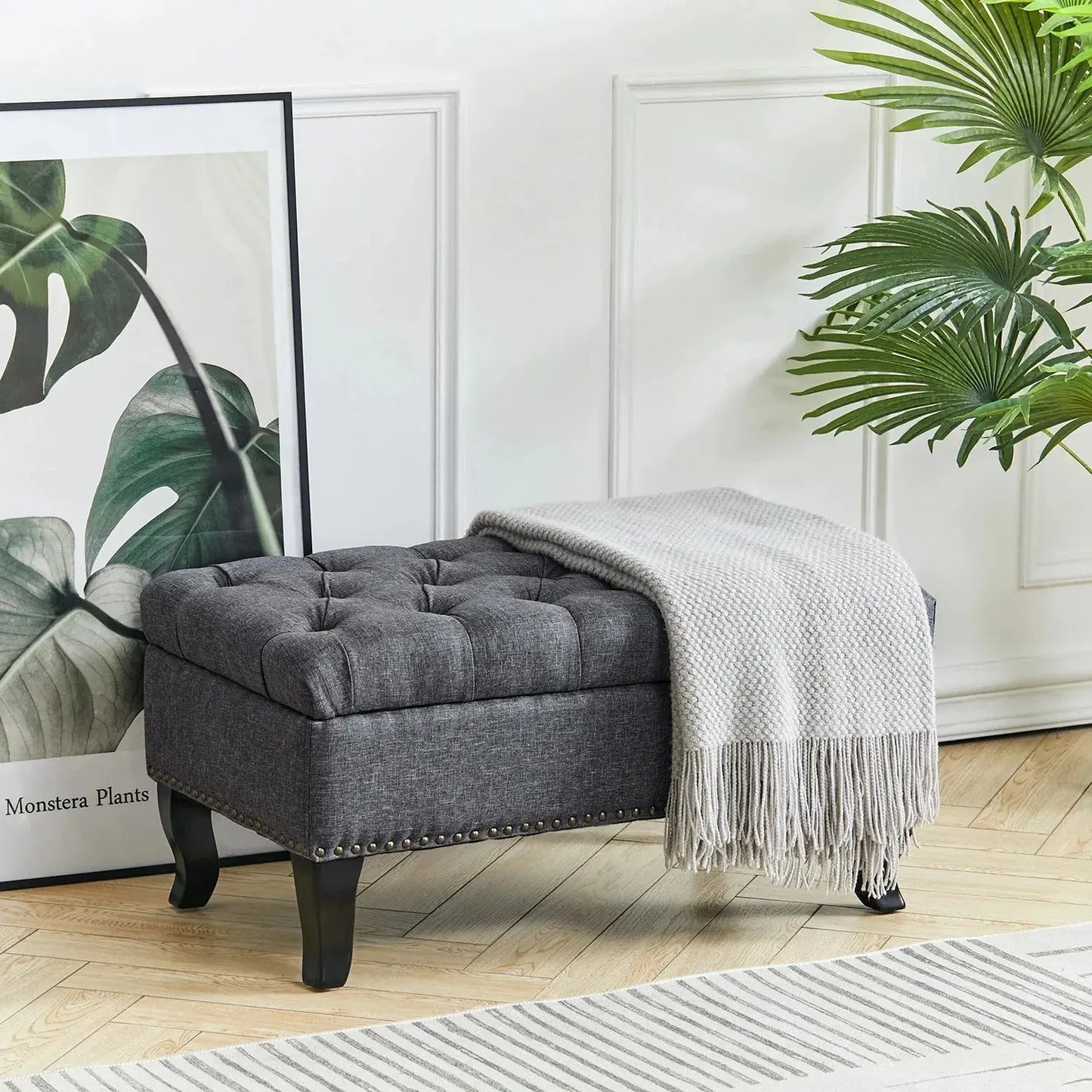 Grey Modern Nailhead Trim Buttoned Ottoman Bench