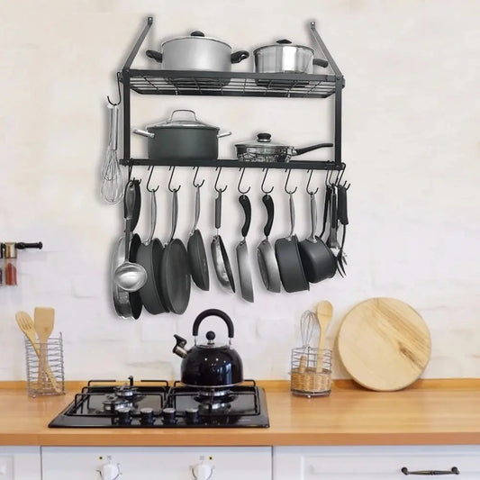 2 Tier Wall Mounted Kitchen Hanging Pot Rack with Hooks Furnish Wise