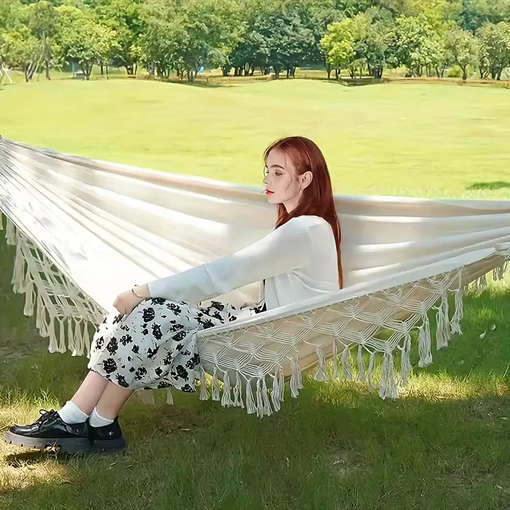 2 Person Beige Camping High Load Bearing Hammock with Tassles