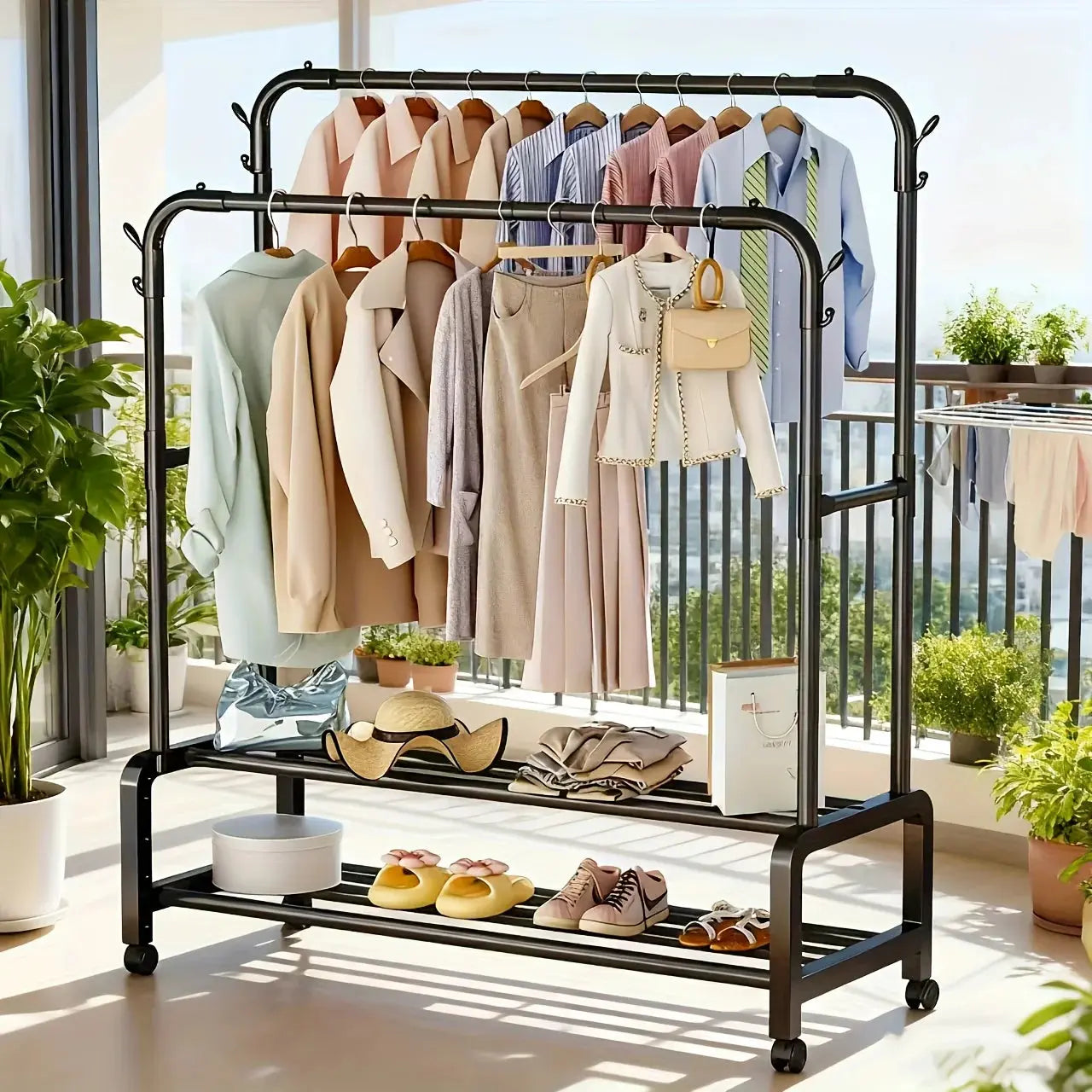 Rolling Double-Layer Double-Rod Vertical Retail Clothing Rack, Shoe & Hat Rack, Coat Rack, Garment Rack with Shelves and Wheels Furnish Wise