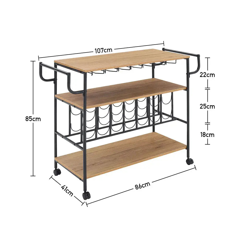 3 Tier Kitchen Drinks Trolley with Wine Bottle Storage Furnish Wise