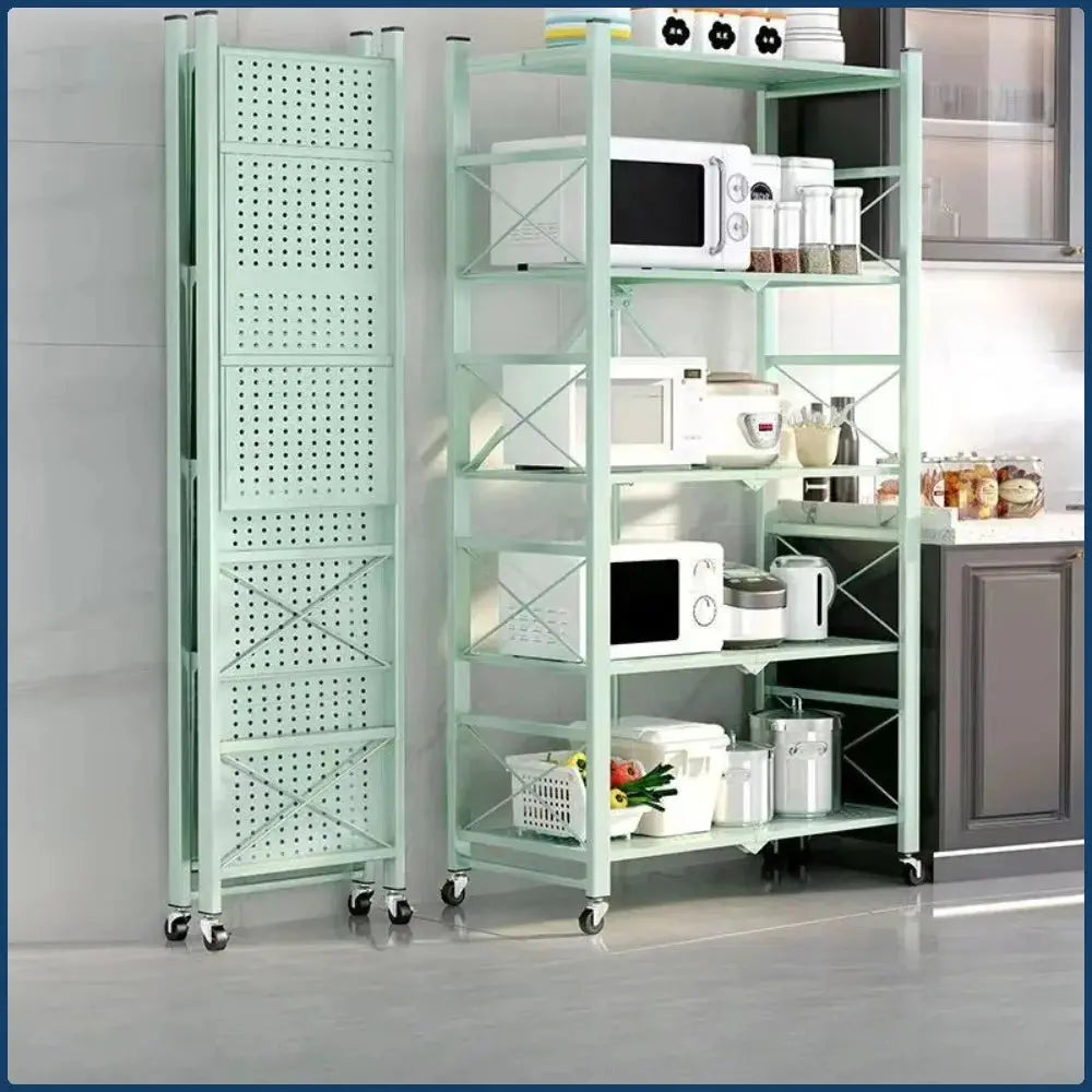 Foldable Large Kitchen Storage Rack, Bookshelf  - Multilayer Iron Frame with Wheels, Movable Multifunctional Display Shelf Furnish Wise
