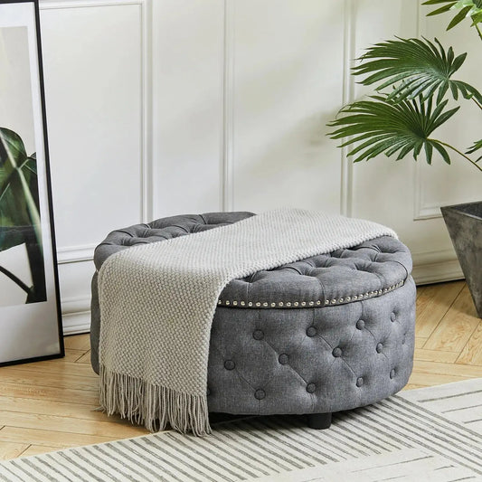 Round Linen Deep Buttoned Ottoman with Studded Edge Furnish Wise