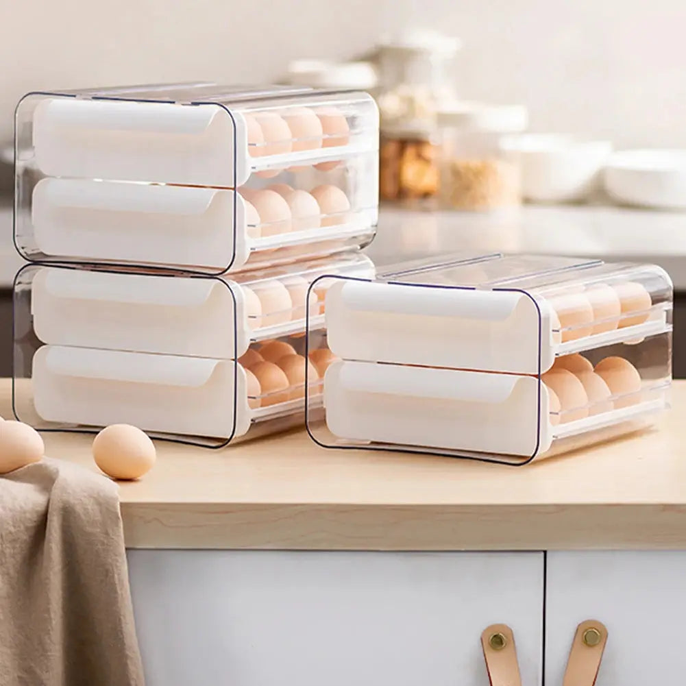 Double-Layer Egg Storage Drawer Box, Holds 32 Eggs, Transparent Body