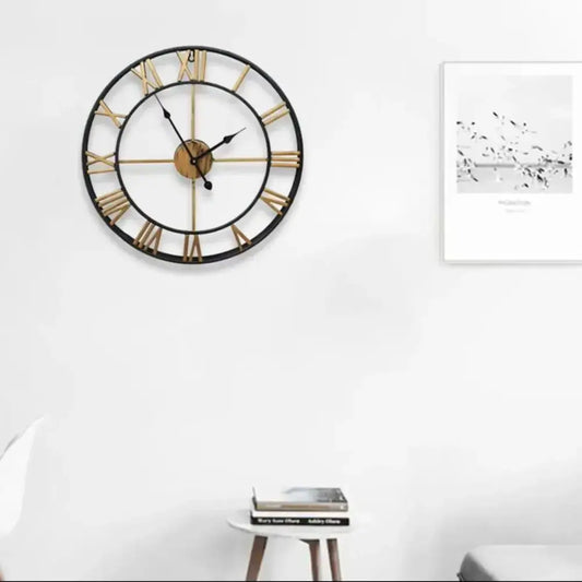 Black Metal Quartz Round Roman Wall Clock Furnish Wise