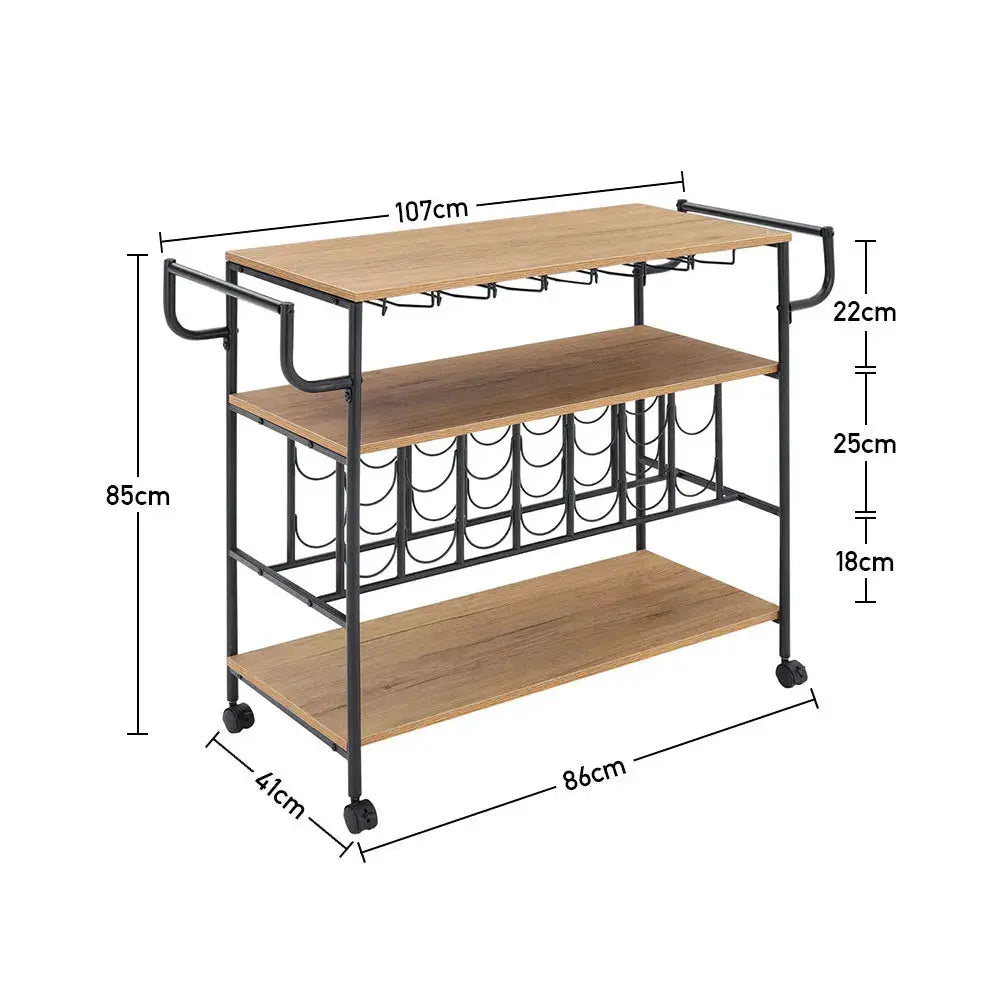 3 Tier Kitchen Drinks Trolley with Wine Bottle Storage Furnish Wise