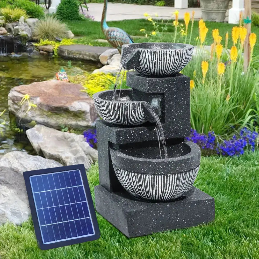 Outdoor Water Fountain Rockery Decoration 3 Tier Bowls Solar Powered Furnish Wise