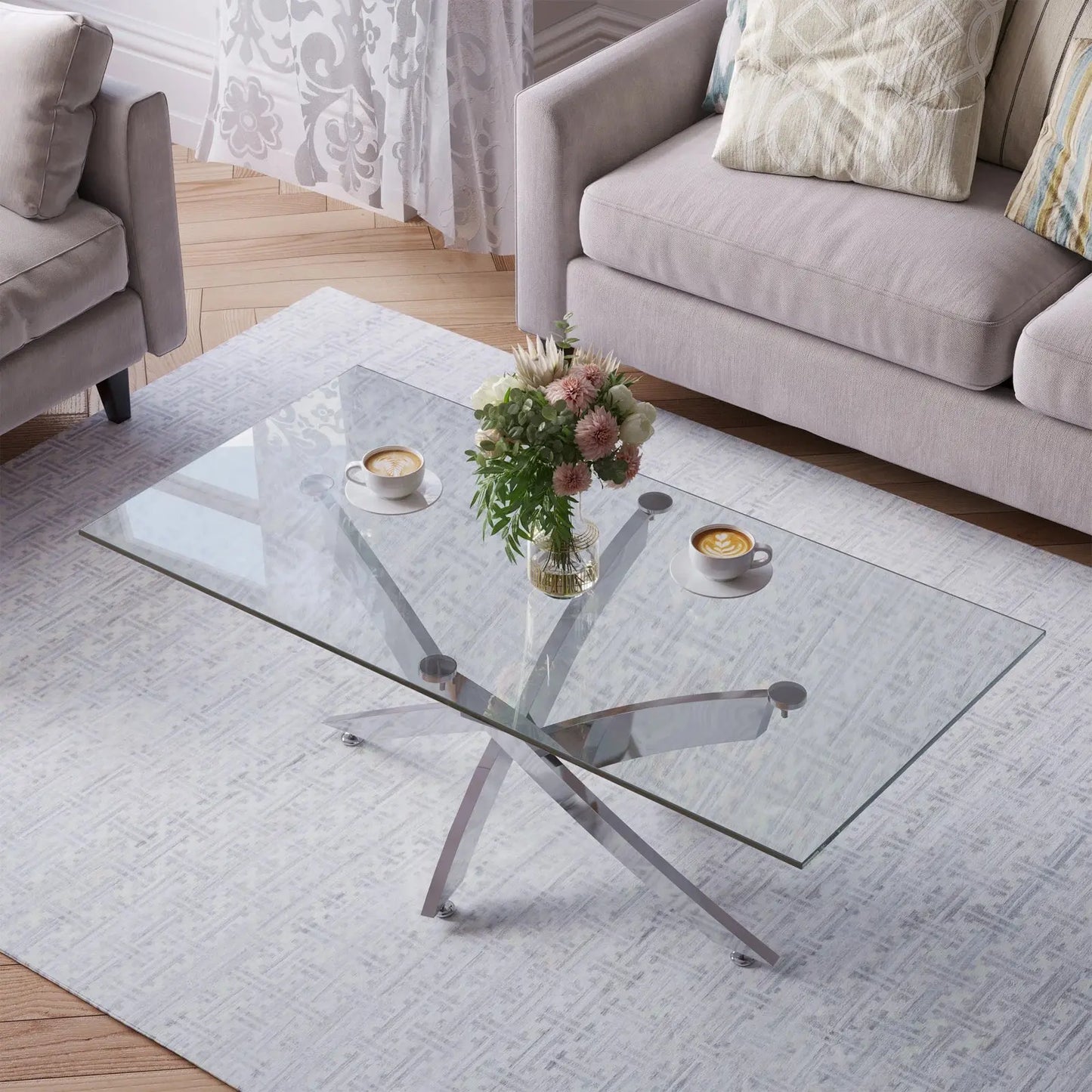 Rectangle Tempered Glass Top Side Table with Chrome Legs