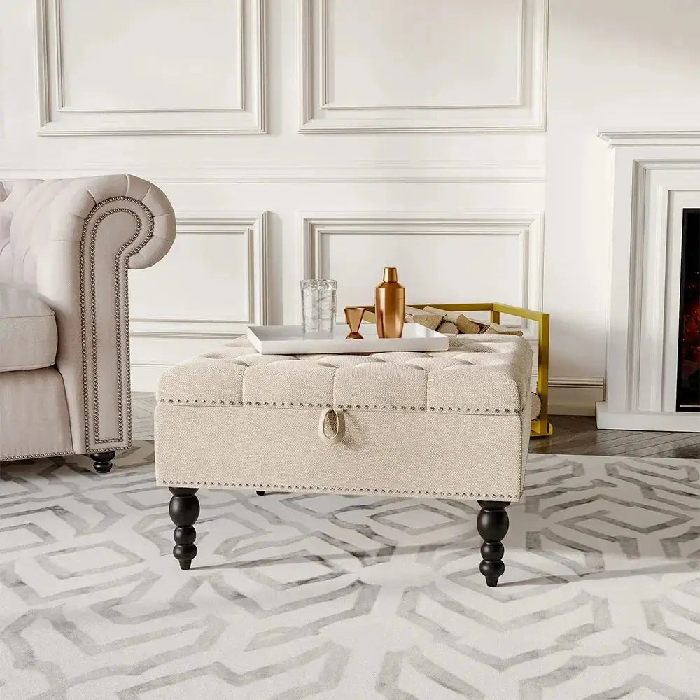 Square Tufted Linen Storage Ottoman