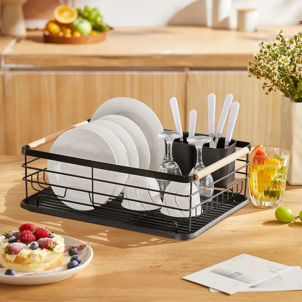 Iron Dish Drainer with Detachable Drip Tray, Wooden Handle and Ventilation System