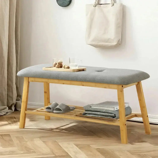 Multi-functional Home Use Bamboo Shoe Changing Stool with Soft Breathable Cushion Furnish Wise