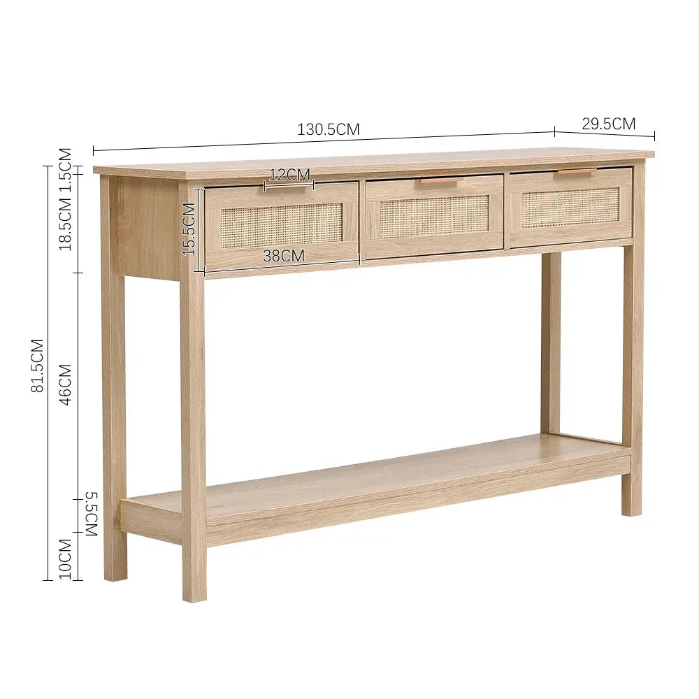 Rustic Wood Console Table with 3 Rattan Drawers