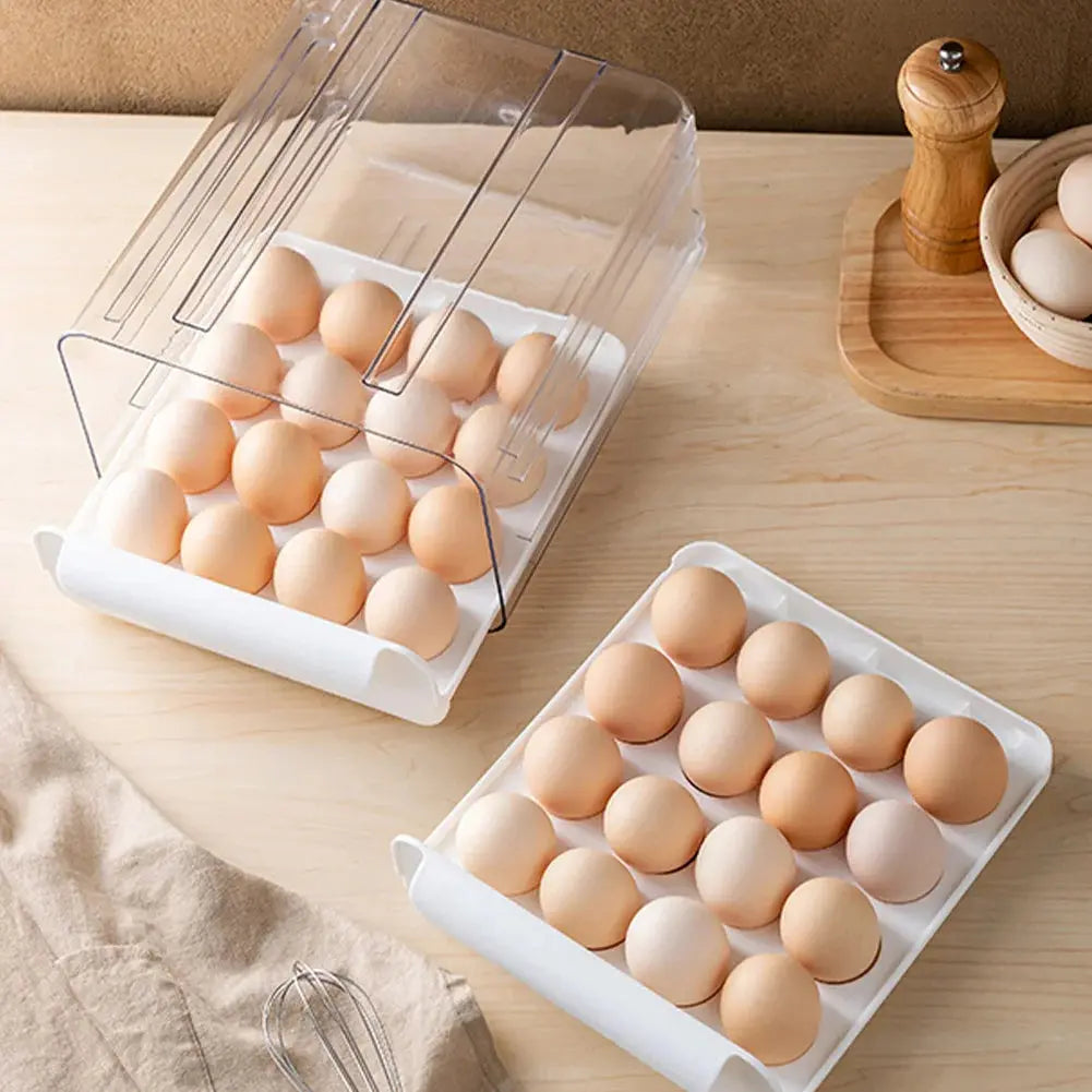 Double-Layer Egg Storage Drawer Box, Holds 32 Eggs, Transparent Body