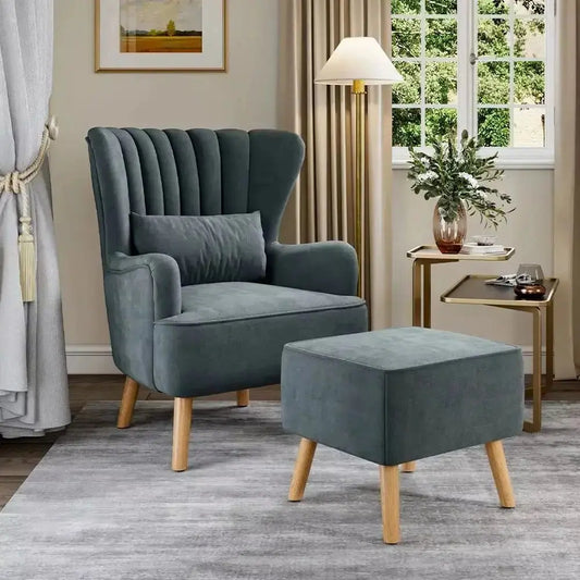 Suede Wingback Armchair with Footstool and Lumbar Pillow