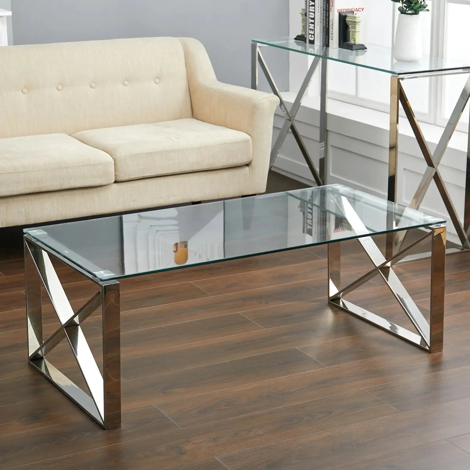 Modern Rectangle Tempered Glass Coffee Table with Chrome Base Furnish Wise