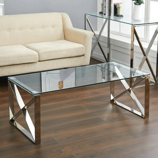 Modern Rectangle Tempered Glass Coffee Table with Chrome Base Furnish Wise