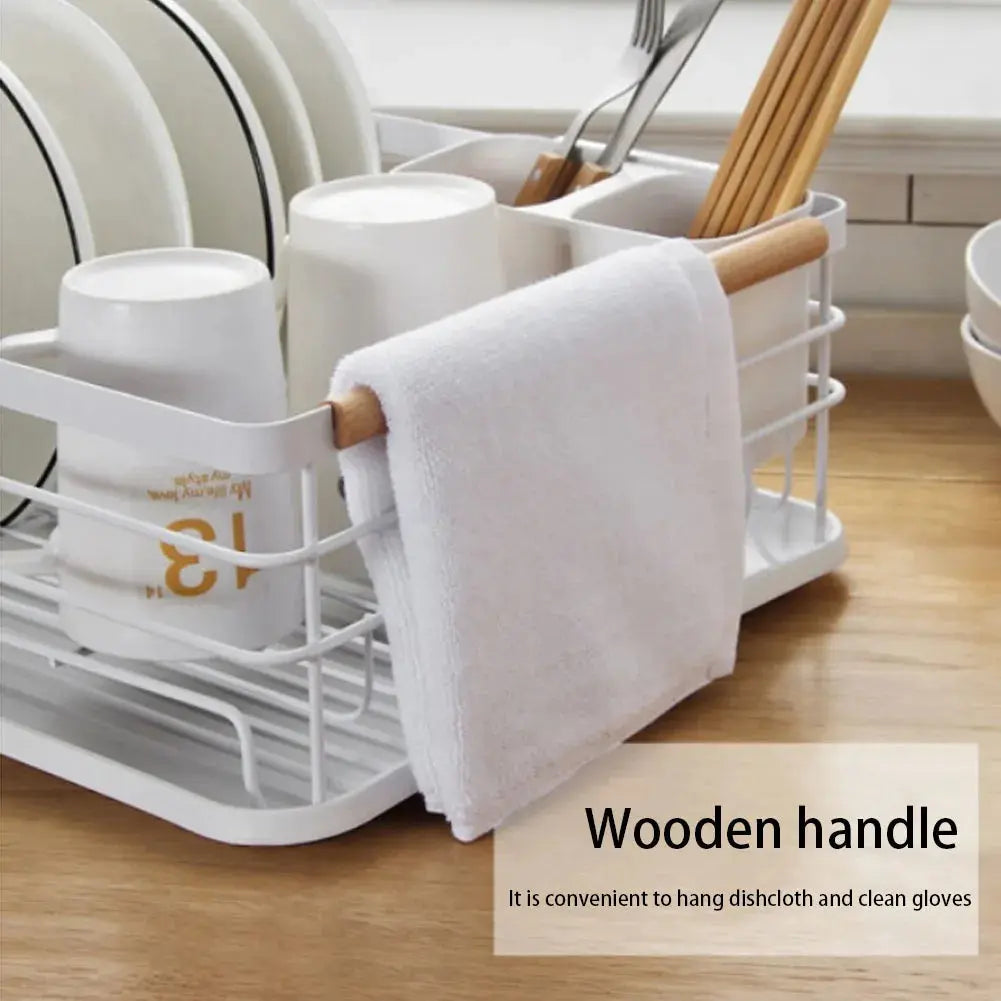 Iron Dish Drainer with Detachable Drip Tray, Wooden Handle and Ventilation System
