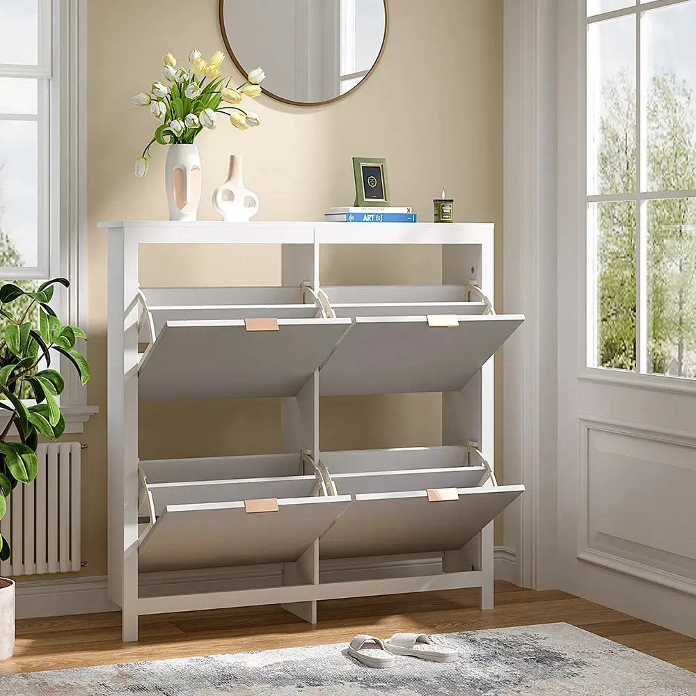 Flip Down Wood Shoe Cabinet in White