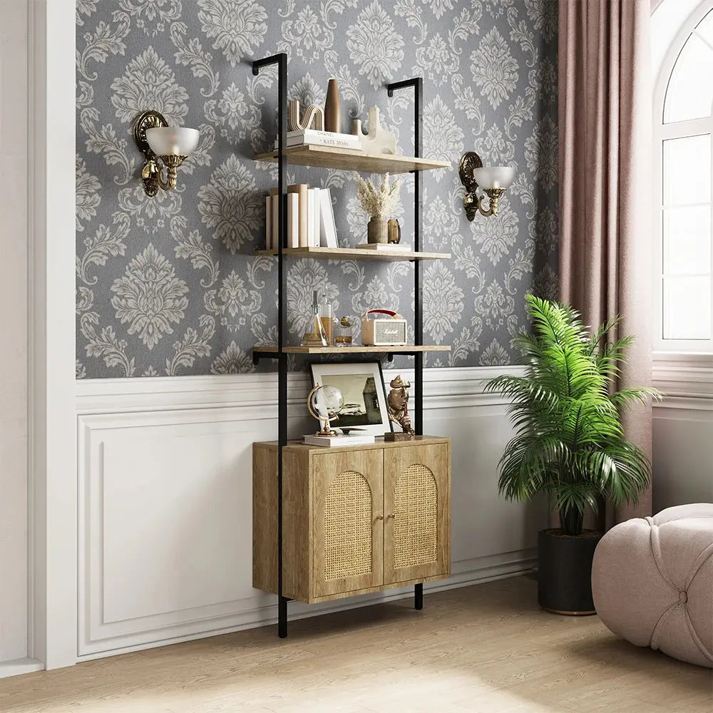 Wooden Bookshelf with Rattan Cabinet
