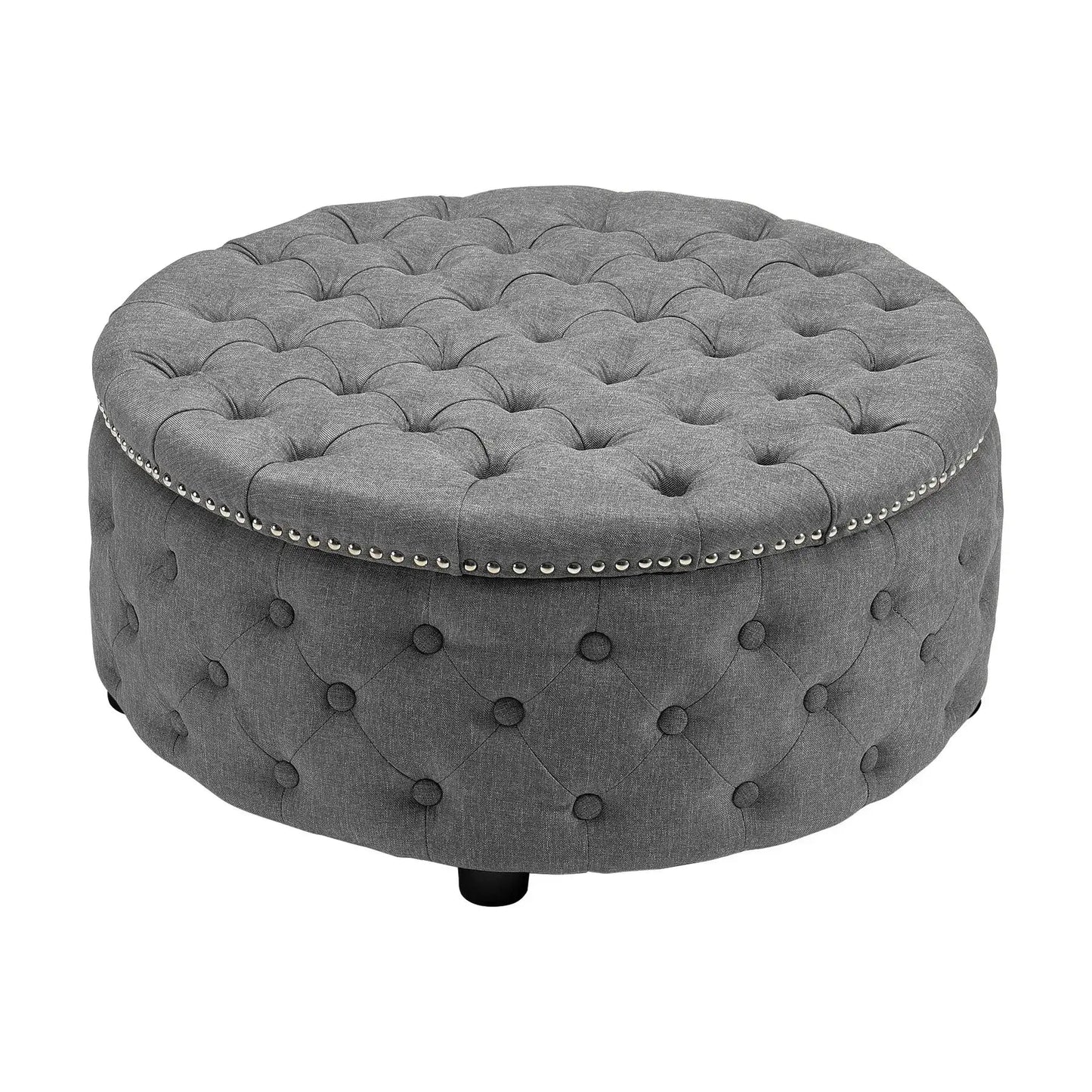 Round Linen Deep Buttoned Ottoman with Studded Edge
