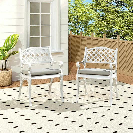 2-Piece White Cast Aluminium Garden Dining Chairs With Cushion