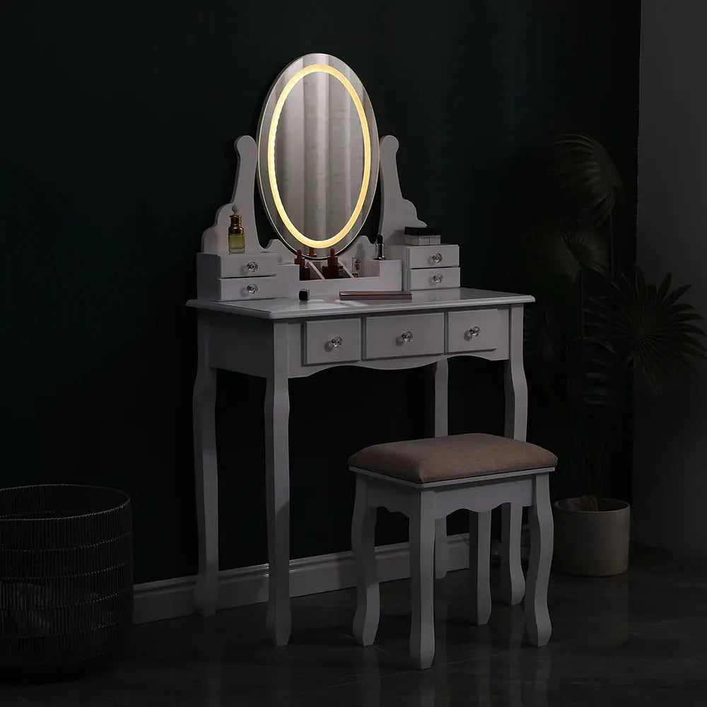 Makeup Vanity Desk Set with LED Lighting, Table & Cushioned Stool