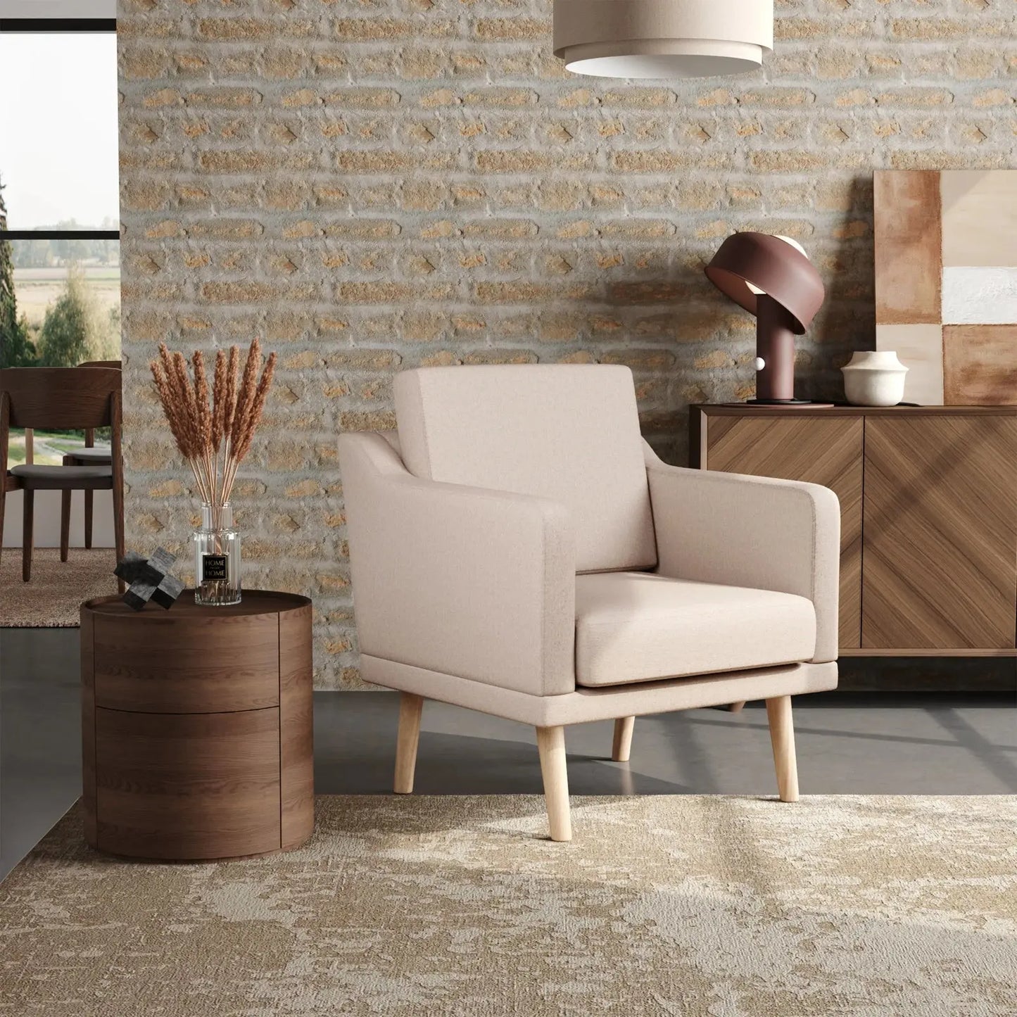 Beige Linen Upholstered Padded Armchair