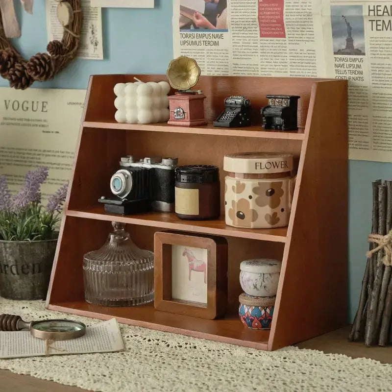 Solid Wood Cosmetics Storage Rack Multifunctional Organizer Desktop Cup Sample Storage Box Multi-layer Wooden Retro Storage Rack Furnish Wise