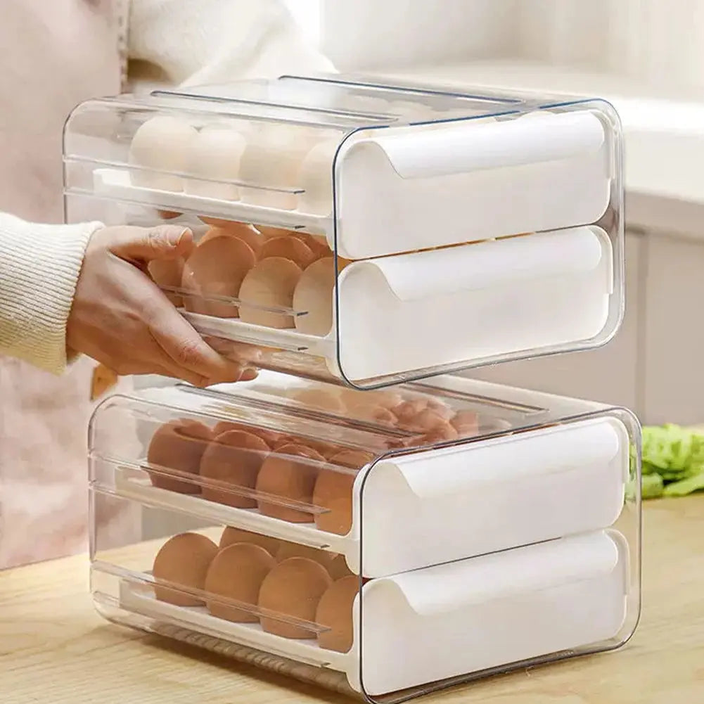 Double-Layer Egg Storage Drawer Box, Holds 32 Eggs, Transparent Body