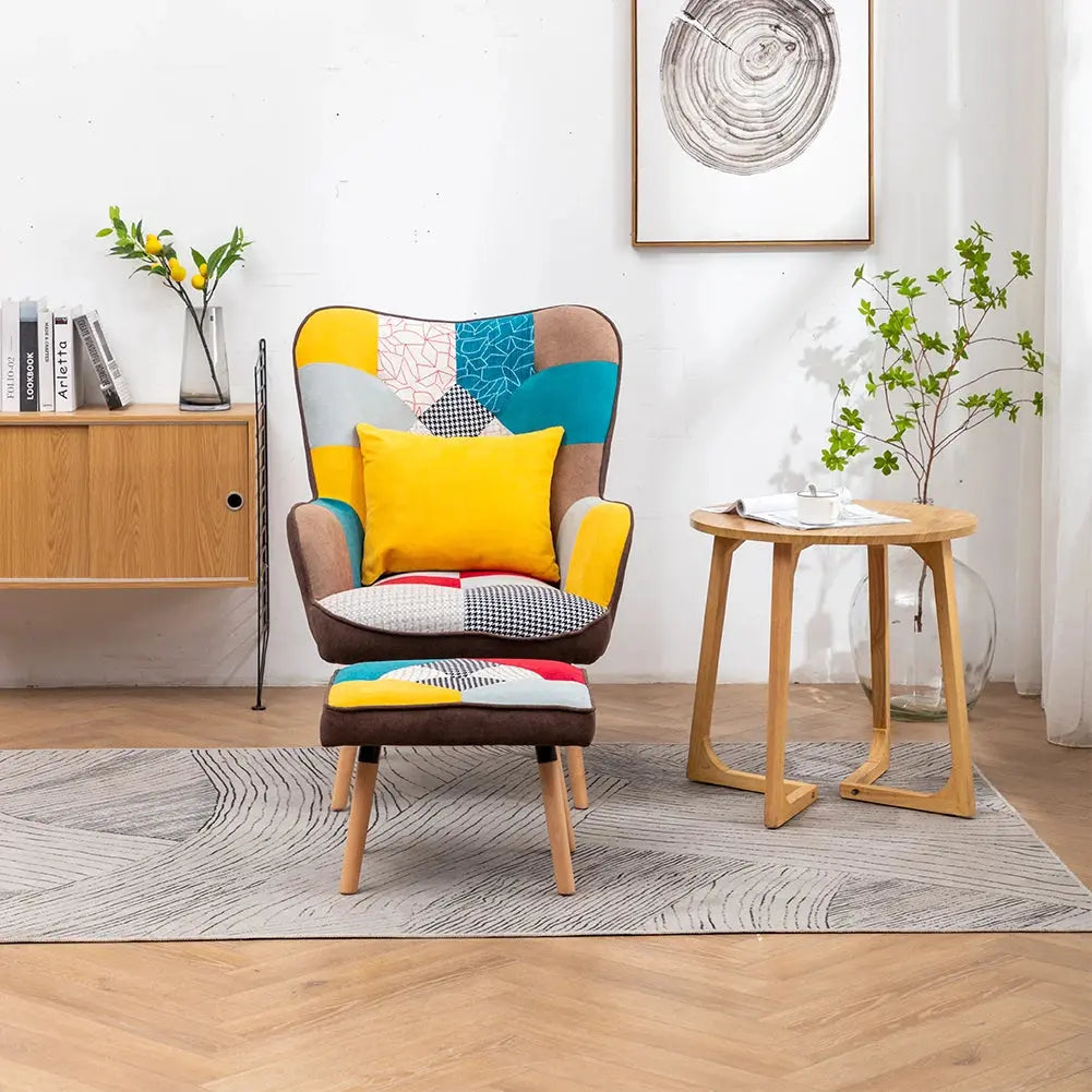 Multicolor Wingback Lounge Chair with Footstool and Pillow