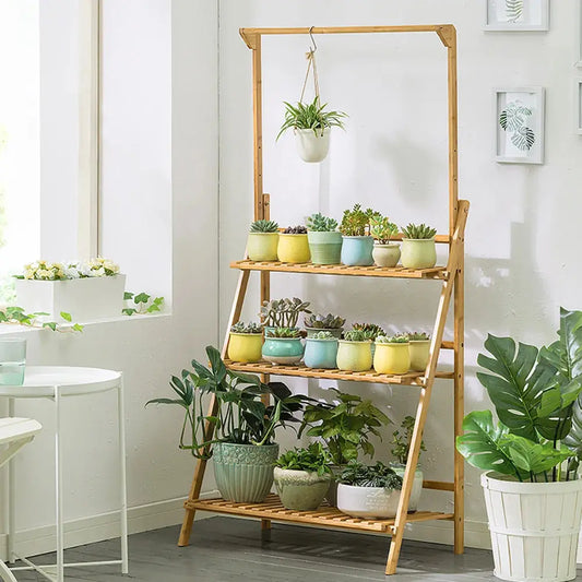 3 Tier Ladder Foldable Plant Stand with Hanging Bar, Wood/White