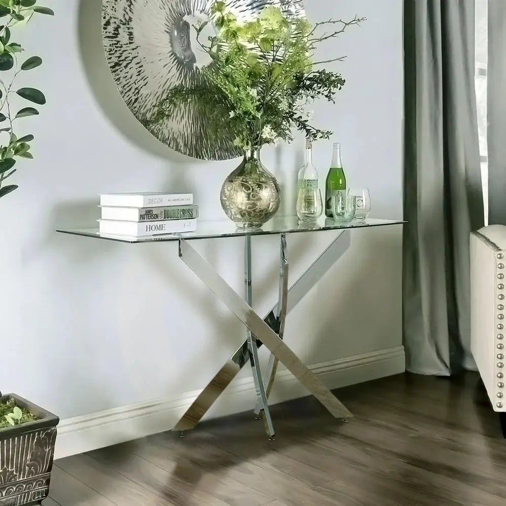 Modern and Futuristic Clear Glass Top Coffee End Table with Chrome Legs Furnish Wise