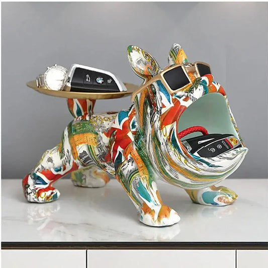 Resin French Bulldog Colorful Animal Figurine Cool Dog Statue with Tray Living Study Room Bedroom Home Office Decor Gift Furnish Wise