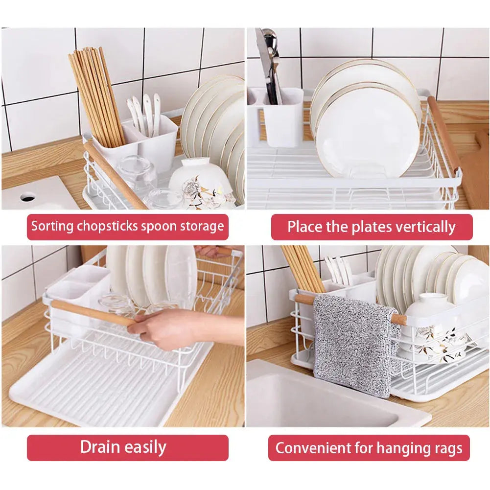 Iron Dish Drainer with Detachable Drip Tray, Wooden Handle and Ventilation System