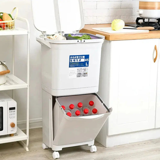 White Double-Layer Three-Compartment Trash Can with Wheels Furnish Wise