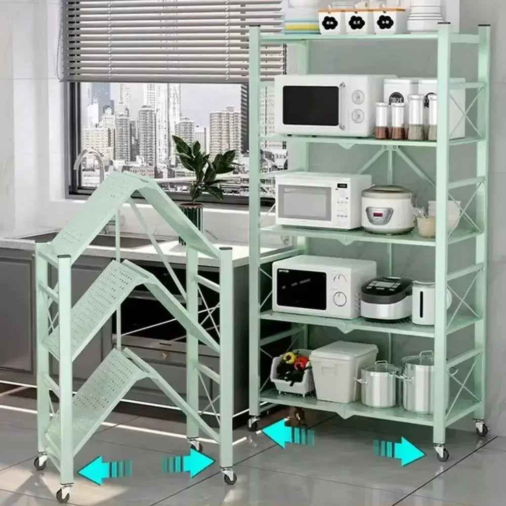 Foldable Large Kitchen Storage Rack, Bookshelf  - Multilayer Iron Frame with Wheels, Movable Multifunctional Display Shelf Furnish Wise
