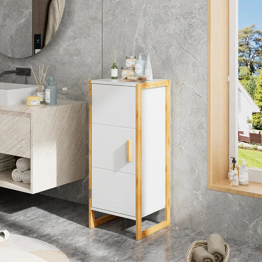 Bathroom Floor Single-door Cabinet with Bamboo Base Furnish Wise