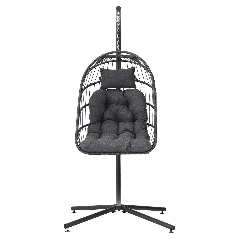 Hanging Egg Shaped Rattan Swing Chair with Stand and Cushion Furnish Wise