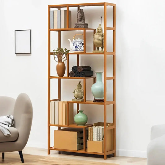 7-Tier Wooden Staggered Bookcase Furnish Wise