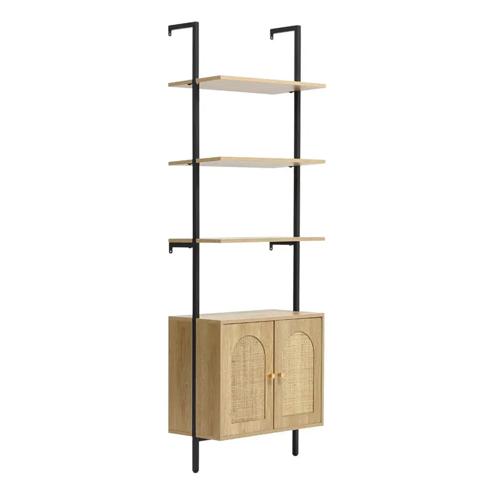 Wooden Bookshelf with Rattan Cabinet