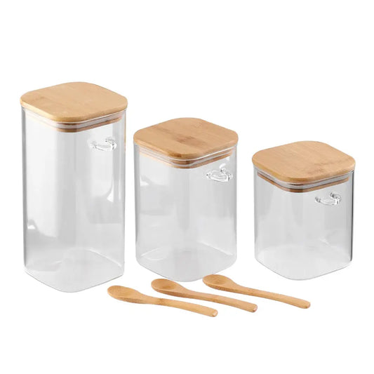 3Pcs Glass Storage Jars with Bamboo Spoons Furnish Wise