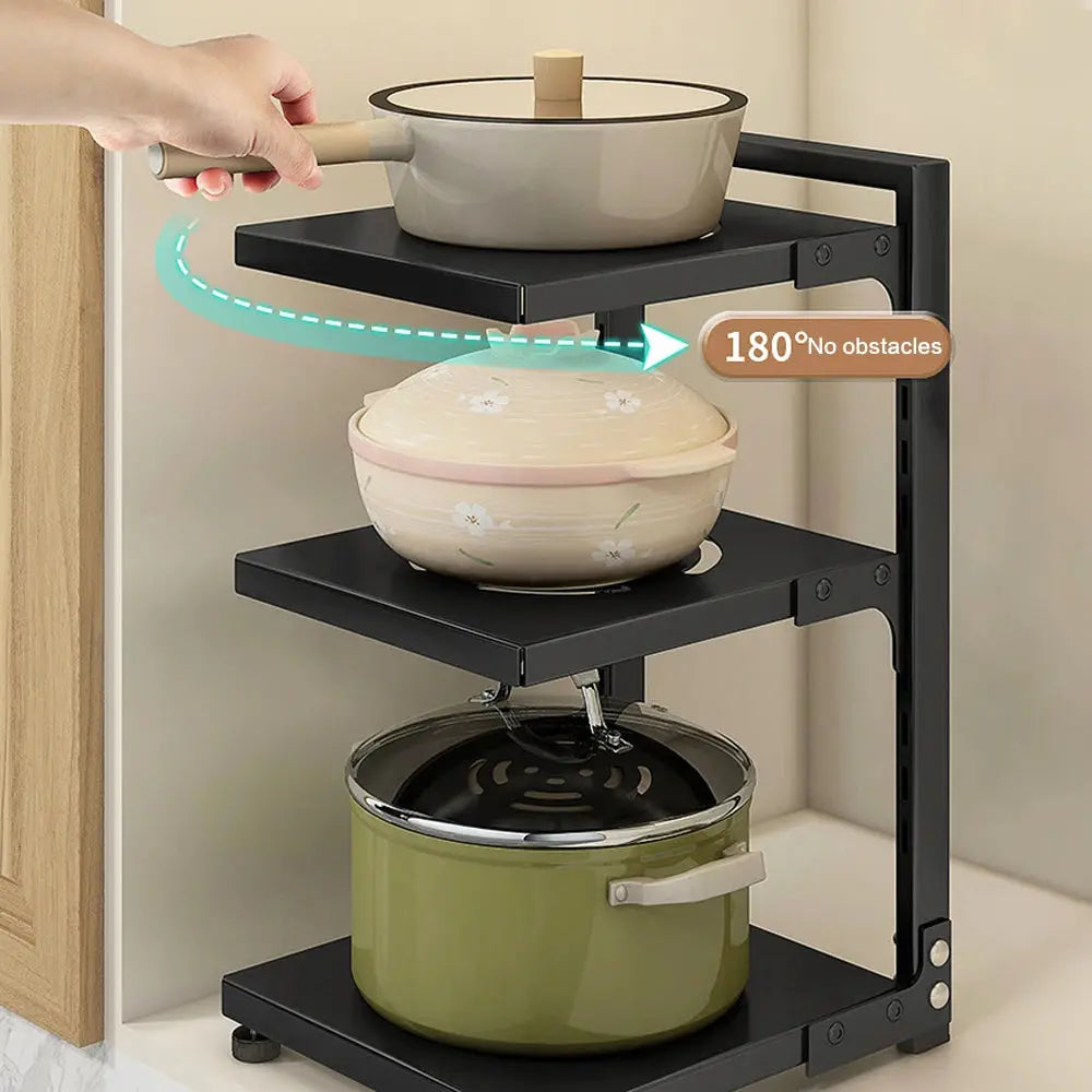 Multi-Tier Height-Adjustable Kitchen Pan Organizer Rack 180-degree Open Access